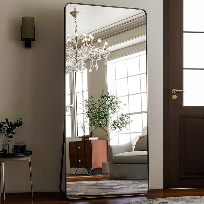 HARRITPURE 71x32 inch Rounded Full Length Mirror Aluminum Frame Black Mirror Full Length Floor Mirror with Stand for Living Room Bedroom Cloakroom-DeskLoop Office