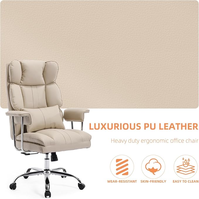 Big and Tall Office Chair 500lbs Wide Seat Executive Office Desk Chair High-Back Office Task Chair, Ergonomic Lumbar Support Computer Office Chairs for Heavy People(Beige)-DeskLoop Office