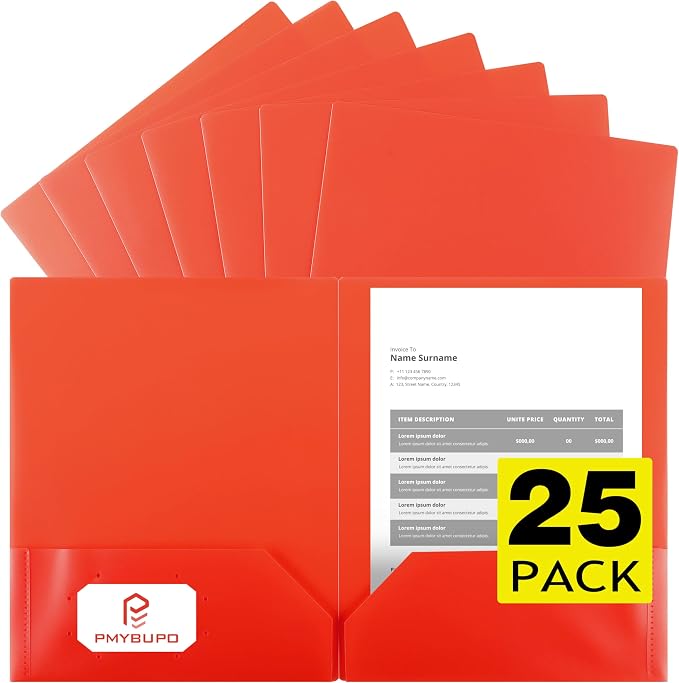 pmybupo 25 Pack Red 2 Pocket Folders Heavy-Duty Plastic Folders by pmybupo