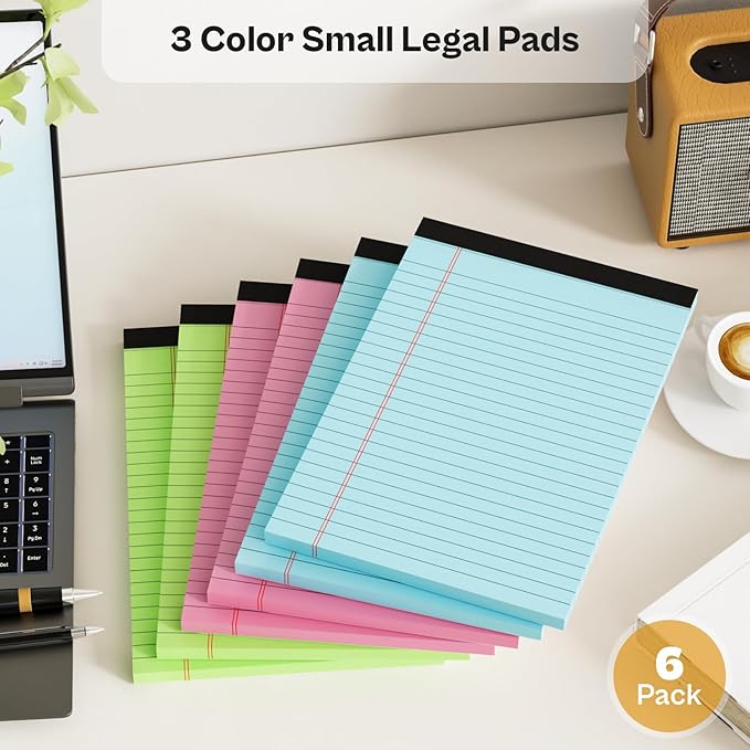 6 Pack Legal Pads 5x8 Note Pads College Ruled Notepad Pink/Green/Blue Perforated Small Legal Pads 80GSM Notepads 30 Sheets Writing Pads Line Paper Pad for School, College, Office, Business-DeskLoop Office