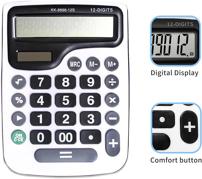 12 Digit Desktop Calculator with Large LCD Display and Sensitive Button, Dual Solar Power and Battery, Standard Function for Office (YE8898)-DeskLoop Office