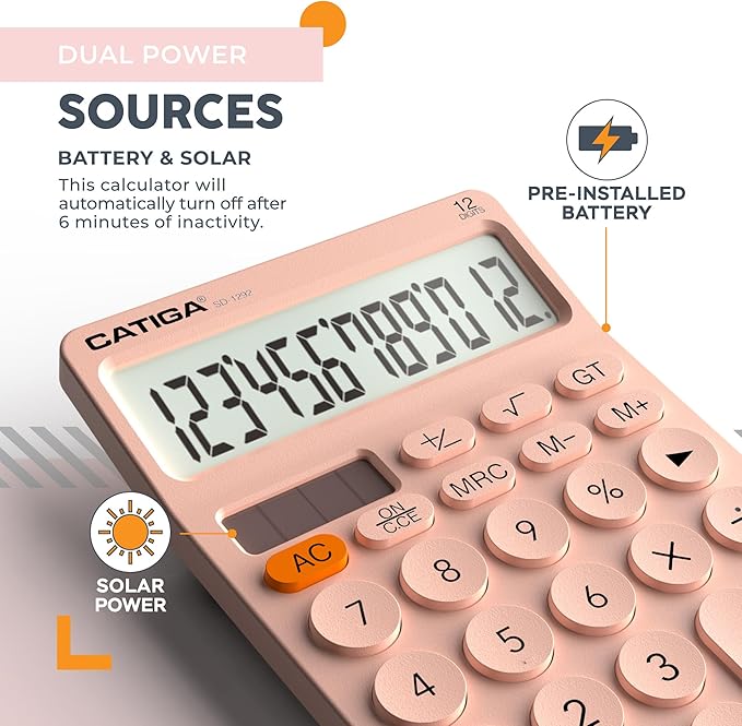CATIGA 12 Digit Desktop Calculator Basic Desk Calculator with Large LCD Display, Big Buttons, 4 Function, Solar and Battery Dual Power, for Office, School, Home, SD-1292 Pink-DeskLoop Office