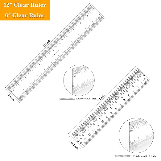 5PCS 6''/12 '' Acrylic Clear Edge Rulers T-Square Ruler, inches and Metric - Image 3