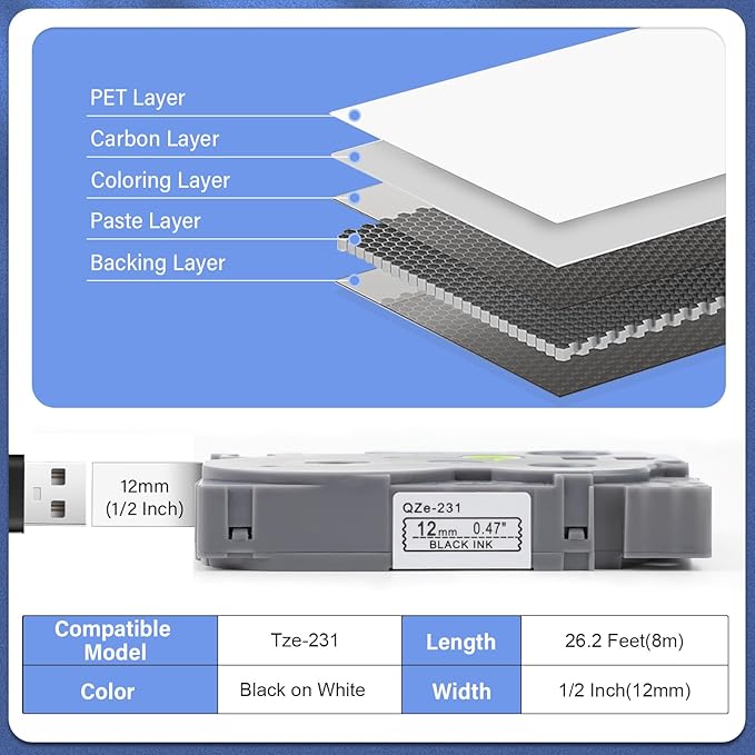 20Pack TZe-231 Tape Label Maker Compatible with Brother P-Touch TZe-231 Tape, TZE231 ½” 0.47”x 26.2 ft Laminated Black on White, for use with PT-D210, PT-H110, PT-D220, PT-D410, PT-D600