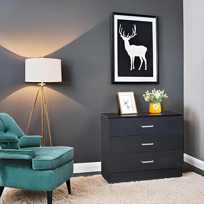 Karl home 3 Drawer Dresser, Modern Storage Chest of Drawers, Wood Bedside Table Night Table for Bedroom,Living Room (Black)-DeskLoop Office