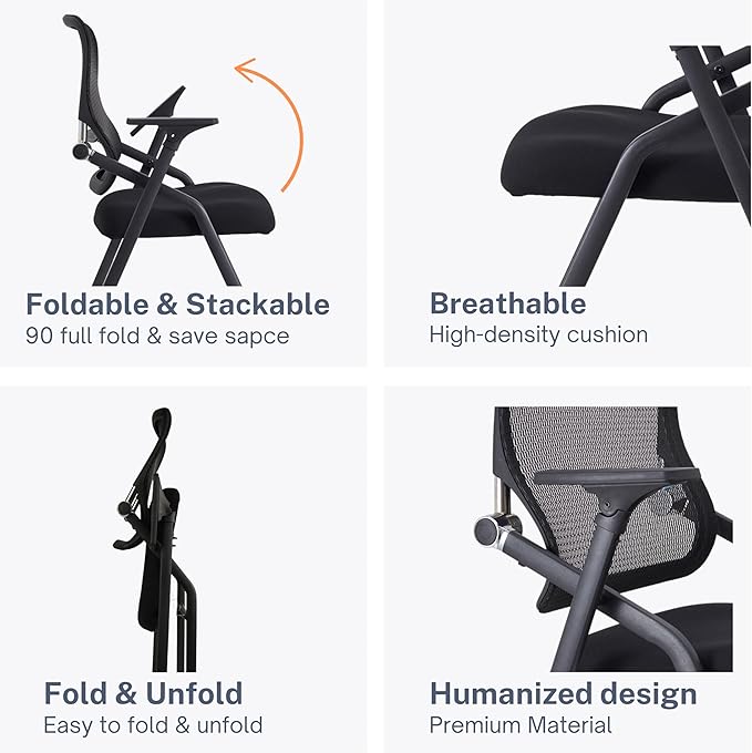 Updated Conference Room Chairs, Folding Office Desk Chair with Lumbar Support and Sliding Armrest with Casters, Stackable Office Guest Chairs & Reception Chairs, 1 Pack Black-DeskLoop Office