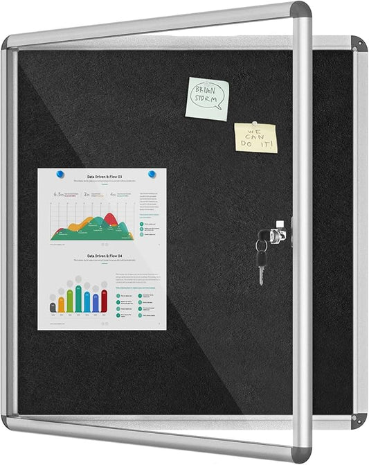 28"x26" Enclosed Bulletin Board, Lockable Weather-Resistant Aluminum Cork Noticeboard for School & Office, Silver Frame w/Black Flet-DeskLoop Office