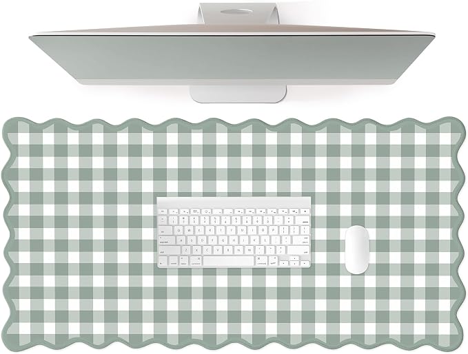 Scalloped‌ Sage Green Checkered Desk Mat Cute Pastel Large Gaming Mouse Pad by Unknown