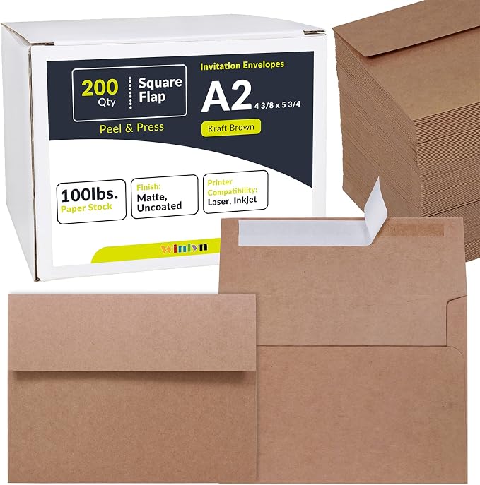 200 Pcs A2 Invitation Envelopes in Kraft Brown Peel & Press Self Seal 4 3/8 x 5 by Winlyn