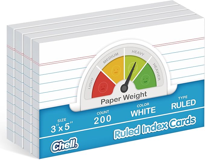 Chell 200 Count Index Cards 3x5 Inch Heavyweight, Ruled Front and Blank Back by chell