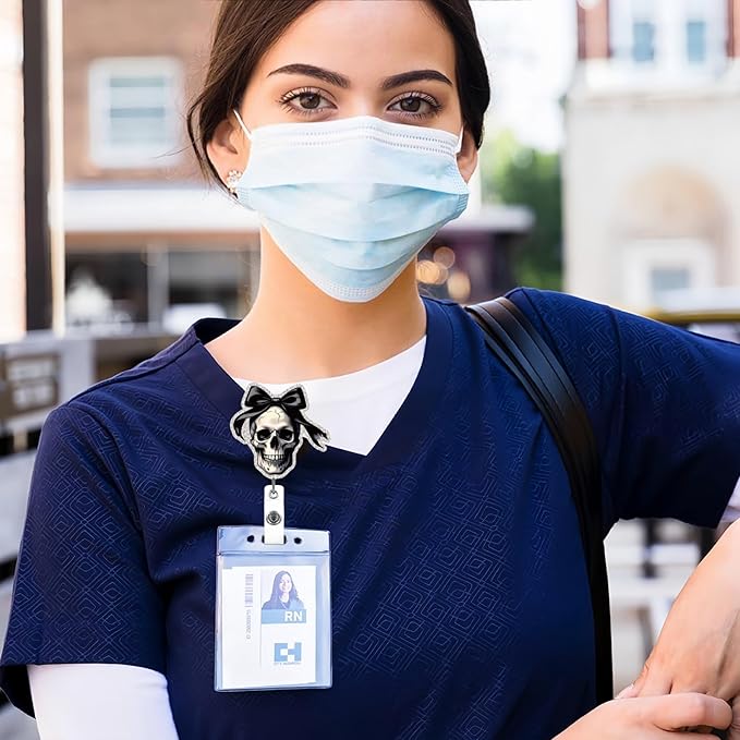 Halloween Skull Badge Reel Retractable for Nurse Nursing Student Medical Worker & Office Staff Acrylic Alligator Clip Badge Reel Halloween Skeleton with Bow ID Card Badge Holder Gifts-DeskLoop Office