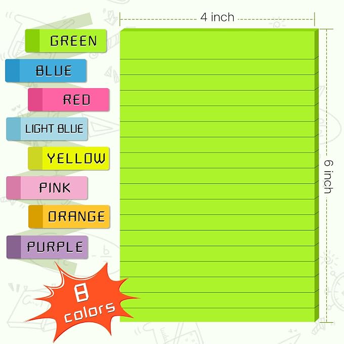Lined Sticky Notes 4x6 in Post, 8 Colors Self Sticky Notes Pad Its, Bright Post - Image 2