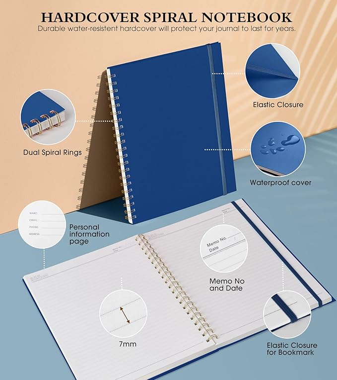 Spiral Notebook Journal 8.5” x 11”, A4 Large Notebooks for Women Men, College Ruled Lined Journal, 100 GSM Paper, Plastic Hardcover Spiral Bound Journals for Work School Note Taking Business, Navy-DeskLoop Office