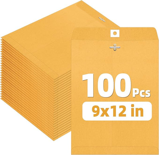 SUNEE 9x12 Clasp Envelopes 100 Count - 9x12 Inch Brown Kraft Envelopes with Clasp Closure – for Home, Office, Business, Legal or School, Great for Filing, Storing or Mailing Documents