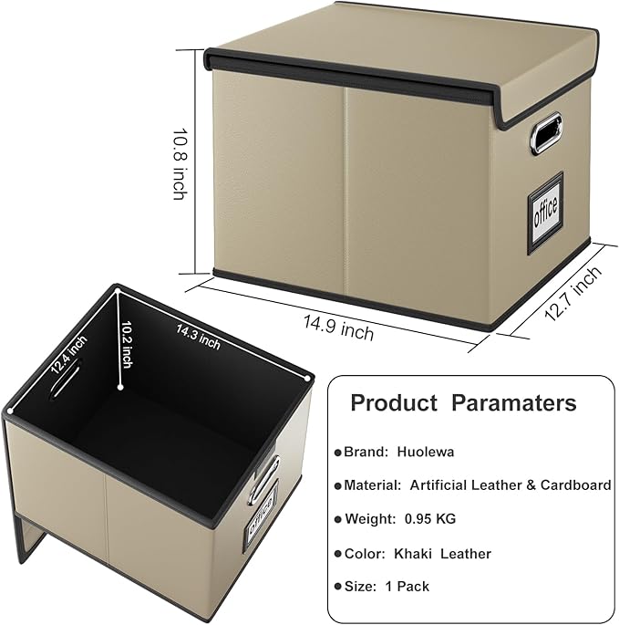 Huolewa Faux Leather File Organizer Box with Lid, Collapsible Hanging File Folder Box Organizer with Plastic Slides, Decorative Home/Office Filing System Boxes for File and Folder Storage-Khaki