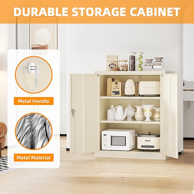 INTERGREAT Metal Cabinet with Lock, Lockable Metal Storage Cabinets with Doors and Shelves for Garage, Cream Grey Locking Garage Storage Cabinets 36"×32"×16"-DeskLoop Office