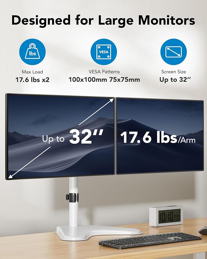 HUANUO 32 inches Dual Monitor Stand up to 17.6lbs, High-Grade Aluminum Free-Standing Dual Monitors Mount for 2 Screens. Fully Adjustable Dual Monitor Stand for Desk with Tilt, Swivel, Rotation, White-DeskLoop Office