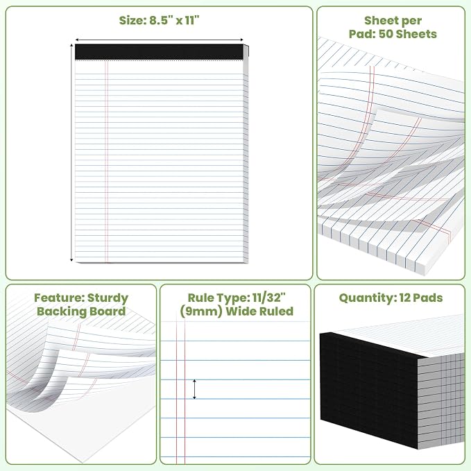 12 Pack Legal Pads 8.5" x 11", Wide Ruled Writing Notepads, 50 Sheets/Pad - Image 2