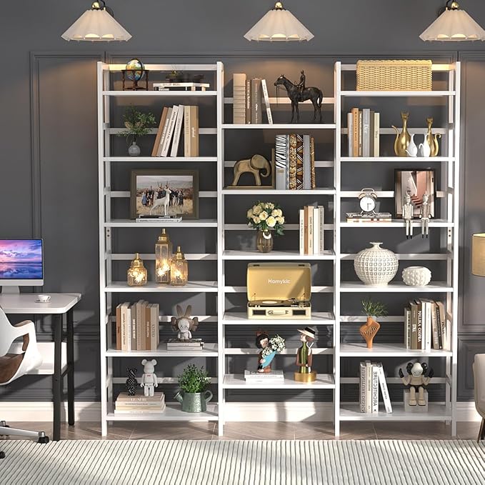 Homykic Bamboo Triple Wide Shallow Bookshelves and Bookcases, 6-Tier 6ft Tall Bookshelf with 17 Open Display Shelves, Super Large Freestanding Book Shelf for Home Office, Bedroom, Living Room, White-DeskLoop Office