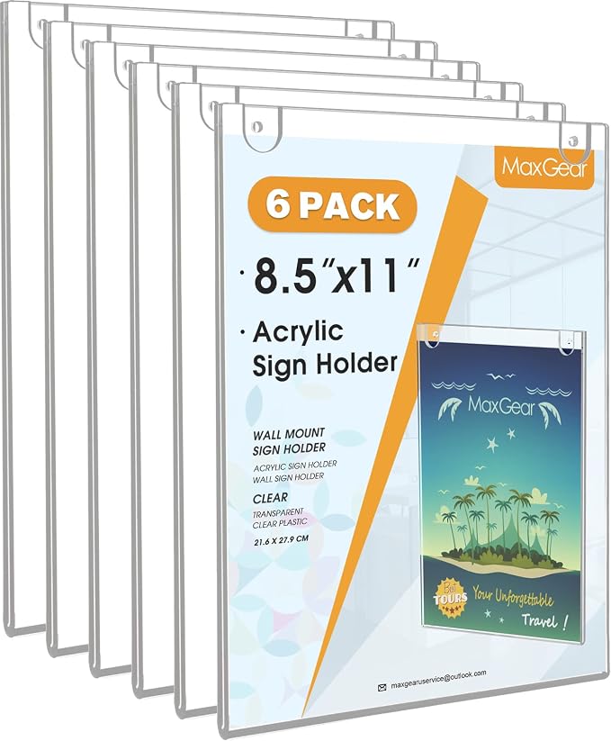 MaxGear Wall Mount Sign Holder, 8.5 x 11 Vertical, 6 Pack | Includes Adhesive by MaxGear