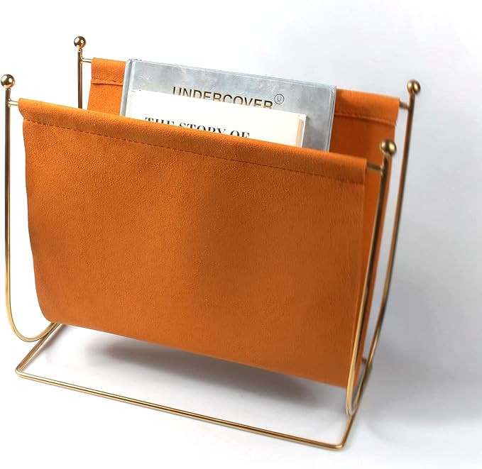 Plated Metal Wire and Suede Leather Magazine Holder Rack, Standing Rack for Magazines, Books, Newspapers, Home Staging Decoration-DeskLoop Office