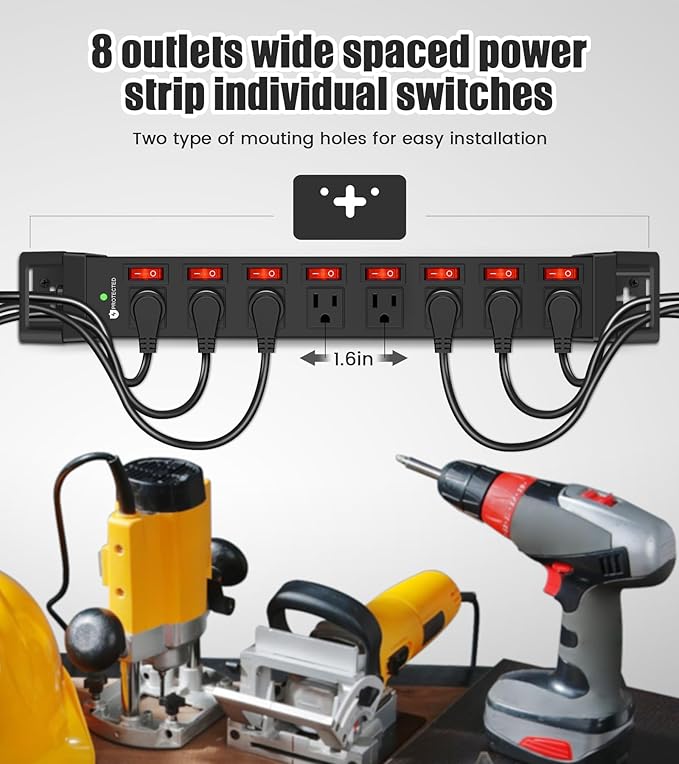 Heavy Duty Power Strip with Individual Switches,8 Outlets 14 Gauge Industrial Shop Garage Metal Multiple Outlets,1200J Surge Protector Mountable Power Strip,15FT Extension Cord Management (Black)-DeskLoop Office