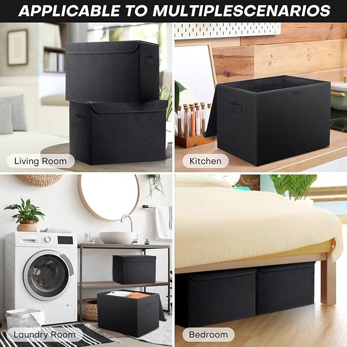Large 17" 42 Quarts Collapsible Stackable Storage Bins with Lids [3-Pack] Foldable Fabric Linen Storage Boxes Cube, Closet Organizer Baskets with Label (16.7 x 12 x 12", Black)-DeskLoop Office