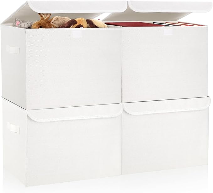 Large 22 Quart Linen Fabric Foldable Storage Bin Cube Organizer Basket with Flip-Top Lid & Handles, Clothes Blanket Box for Home, Office, Closet, White, 4 Pack 14.6 x 9.5 x 9.5”-DeskLoop Office