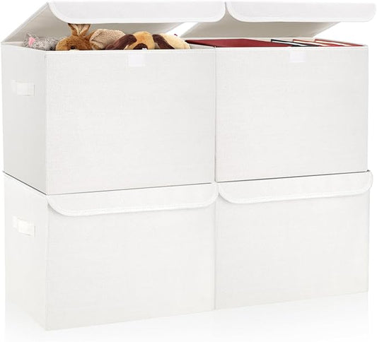 Large 22 Quart Linen Fabric Foldable Storage Bin Cube Organizer Basket with Flip-Top Lid & Handles, Clothes Blanket Box for Home, Office, Closet, White, 4 Pack 14.6 x 9.5 x 9.5”-DeskLoop Office