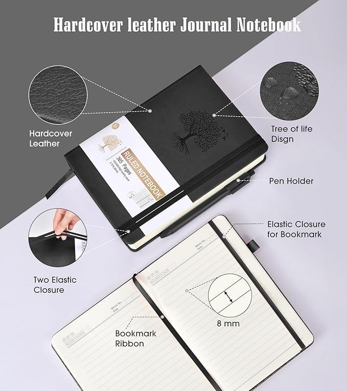 Lined Journal Notebook -365 Pages A5 Thick Journals for Writing Ruled Notebook, Hardcover Leather Journal for Women Men, Daily Journal Notebook for Work, Note Taking, 100Gsm Lined Paper(5.75'' X 8.38'' Black)-DeskLoop Office