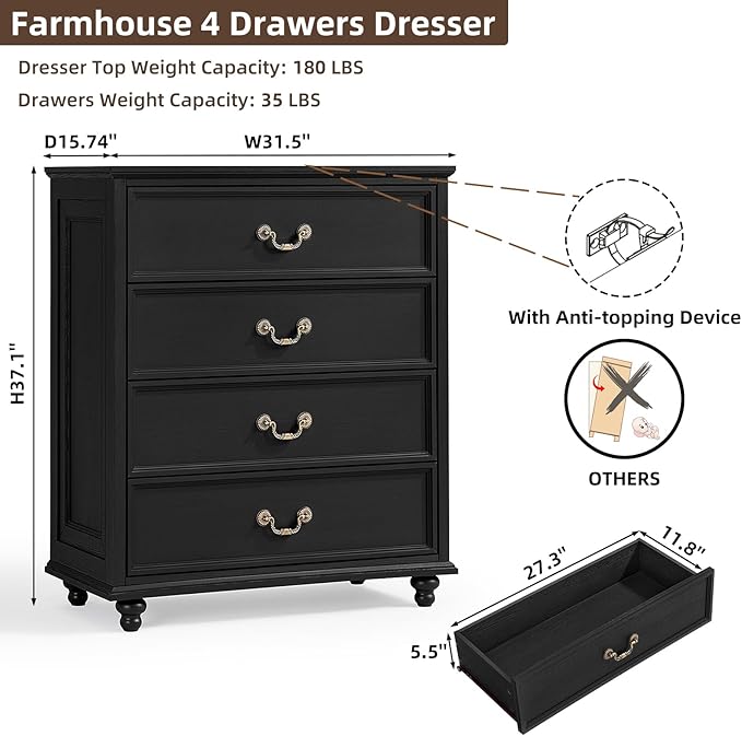 Farmhouse 4 Drawer Dresser for Bedroom, 37" Tall Rustic Chests of Drawers w/ 4 Solid Wood Feet, Mid Century Modern Wooden Closet Storage Dressers Organizer for Living Room, Hallway, Black-DeskLoop Office