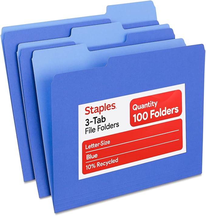 Staples File Folders, Letter Size, 1/3‑Cut Top Tabs, Durable 10.5‑Point Paper by Staples
