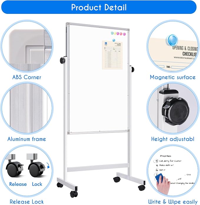 maxtek Rolling White Board, 44 x 28 Height Adjustable Whiteboard on Wheels - Image 5