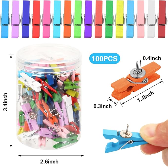 SANNIX 100Pcs Wooden Push Pin Clips, Bright Wooden Clips - Image 2