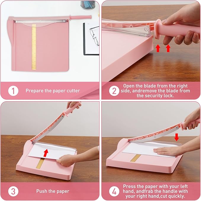 Paper Cutter, Paper Trimmer with Safety Guard, 12" Cut Length Paper Slicer with 16 Sheet Capacity Paper Cutting Board,Guillotine Paper Cutters and Trimmers for Cardstock Cardboard Vinyl (Pink)-DeskLoop Office