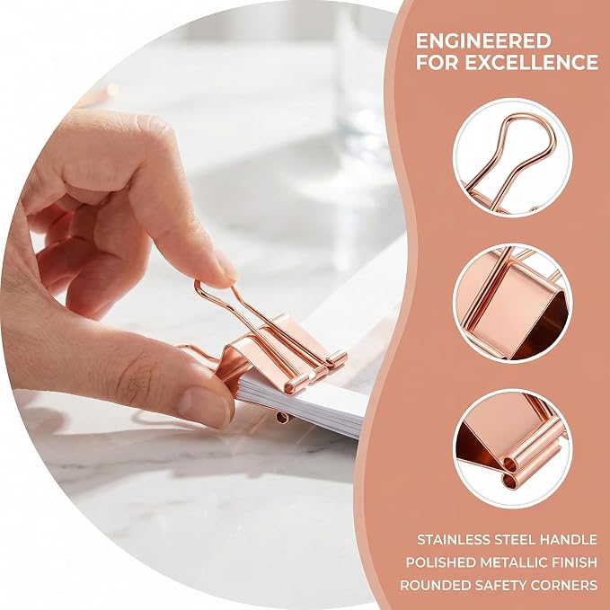 Rose Gold Binder Clips, Stainless Steel Handle, Aesthetic Desk Supplies - Image 4