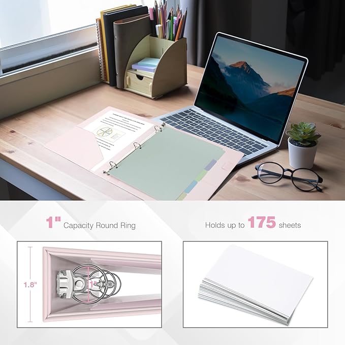 Ospelelf 3 Ring Binder with Clipboard 2 Inch Leather Binder for Letter Size (8.5" x 11"), Clipboard Binder with 5 Tab Dividers Back to School Supply, Pink-DeskLoop Office
