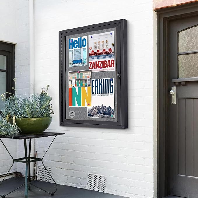 Lockable Outdoor Enclosed Bulletin Board,Weatherproof Cork Noticeboard with Locking Door, Wall-Mounted Aluminum Frame Display Case for Office, Home, School (Black Frame | Greyfelt Surface, 36x24 inch)-DeskLoop Office