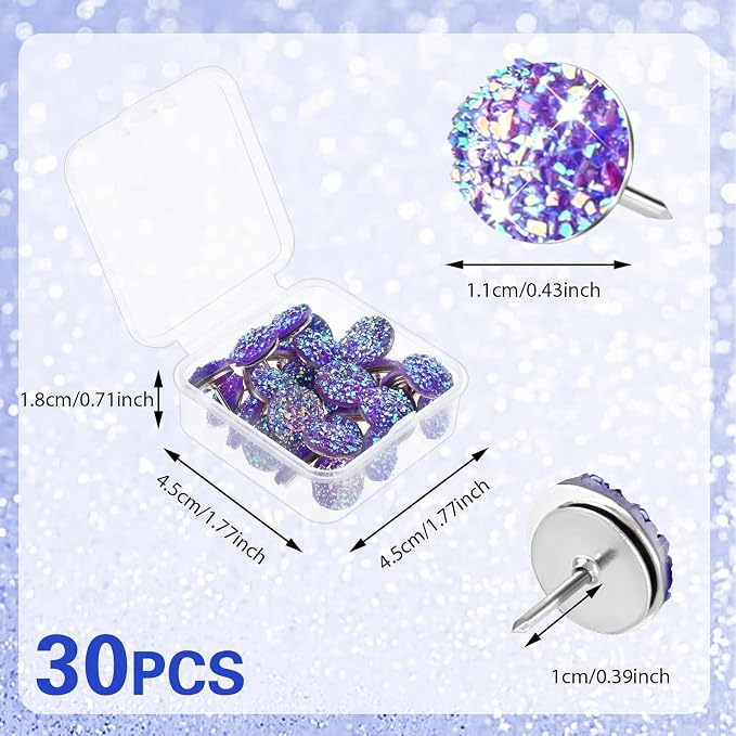 Mabor 30Pcs Decorative Thumb Tacks Purple Push Pins Glitter Rhinestone Cute - Image 2