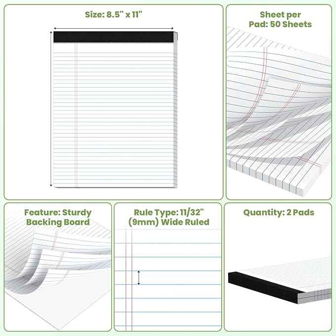 2 Pack Legal Pads 8.5" x 11", Wide Ruled Writing Notepads, 50 Sheets/Pad - Image 2