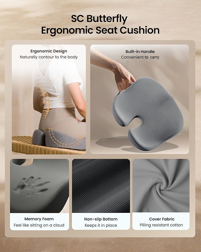 ProtoArc Seat Cushion, Office Chair Cushion for Sciatica, Coccyx Cushion, Ergonomic Memory Foam Seat Cushion for Car, Home, Pressure Relief Pad for Hip, Tailbone, All Day Comfort - Gray-DeskLoop Office