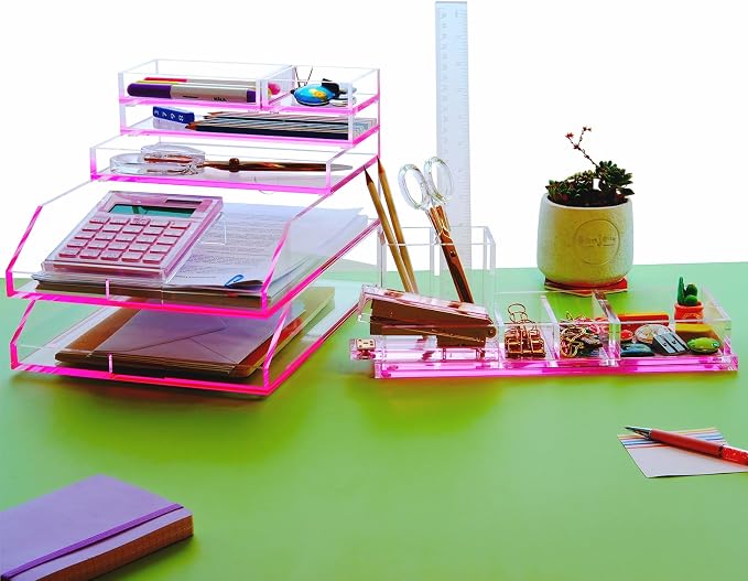 4-Piece Stackable Pink Acrylic Desk Organizer - Image 6