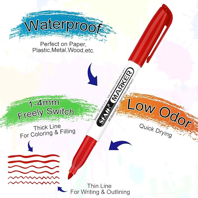 SFAIH 24 Colors Permanent Markers - Assorted Vibrant Colors, Quick Drying, Fade Resistant, Alcohol-Based Fine Point Permanent Markers for Paper, Plastic, Wood, Coloring, Drawing Doodling, Waterproof-DeskLoop Office