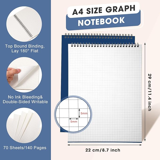 Engrowtic Top Spiral Graph Paper Notebooks 8.7 X11.4 Inch A4 Grid Paper Notepad - Image 2