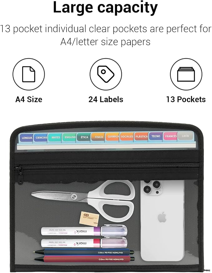 Mukawa 13 Pocket Expanding File Folder, Zippered Accordion File Organizer - Image 5