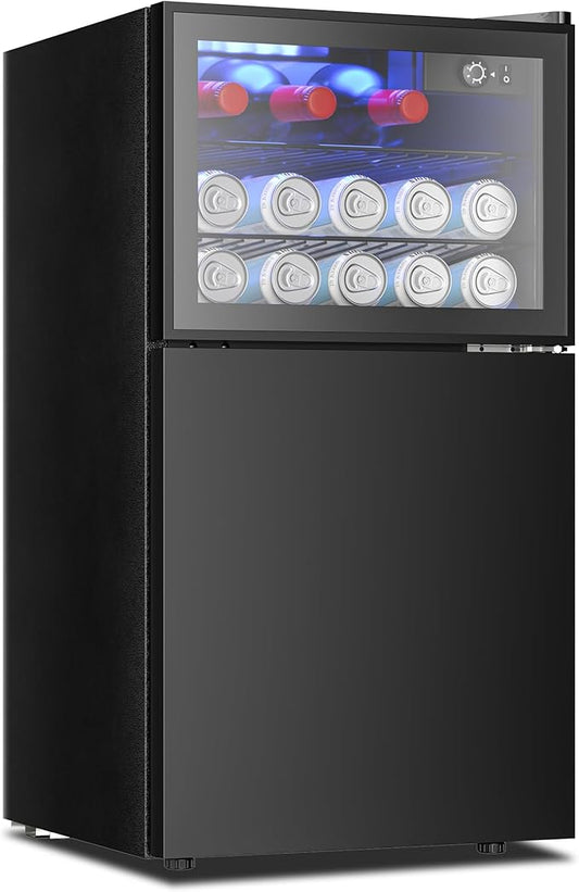 EUHOMY Double Door Mini Fridge With Freezer, Freestanding Wine Cooler Refrigerator With Reversible Door, Compact Refrigerator Temperature Control, Wine Fridge Perfect For Kitchen Home Office.-DeskLoop Office