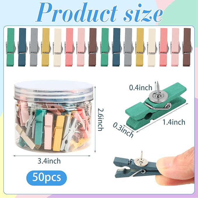 SANNIX 50Pcs Wooden Push Pin Clips, Morandi Wooden Clips - Image 2
