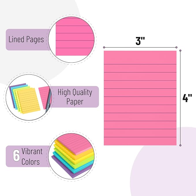 Mr. Pen- Lined Sticky Notes, 6 Pads, 60 Sheets/Pad, Vibrant Color | Sticky Notes - Image 3