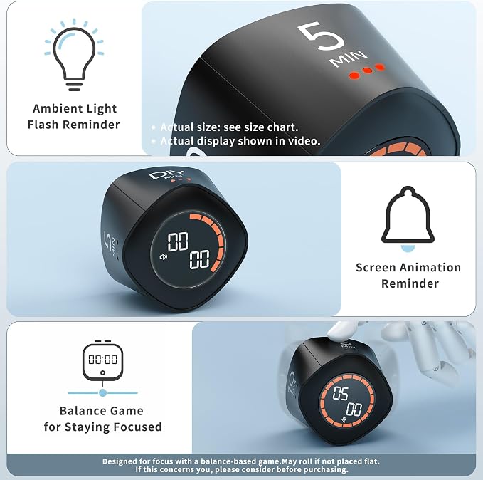 VEWINGL Cube Productivity Timer, 5/10/25/DIY Min Presets + Count-Up Mode - Image 6