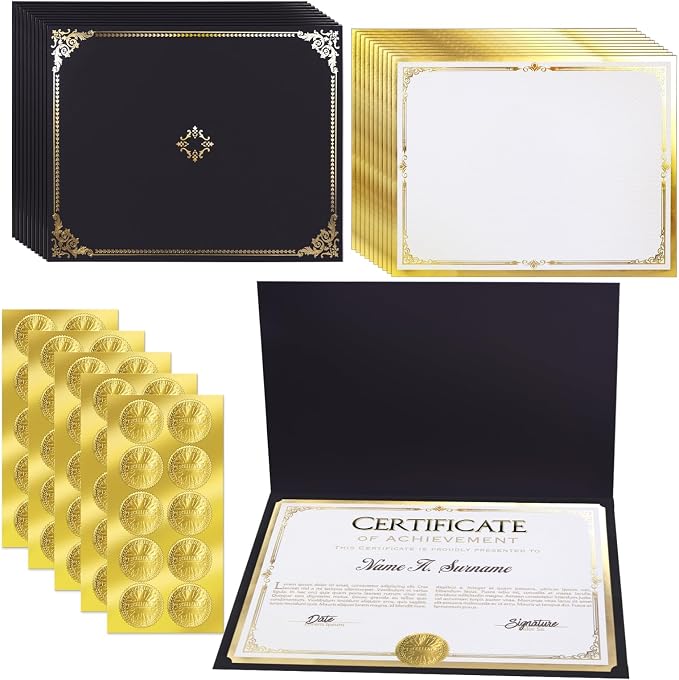 75 Pcs Certificate Paper Kit, 25 Gold foil Border Award Certificate Holders & by KiDEPOCH